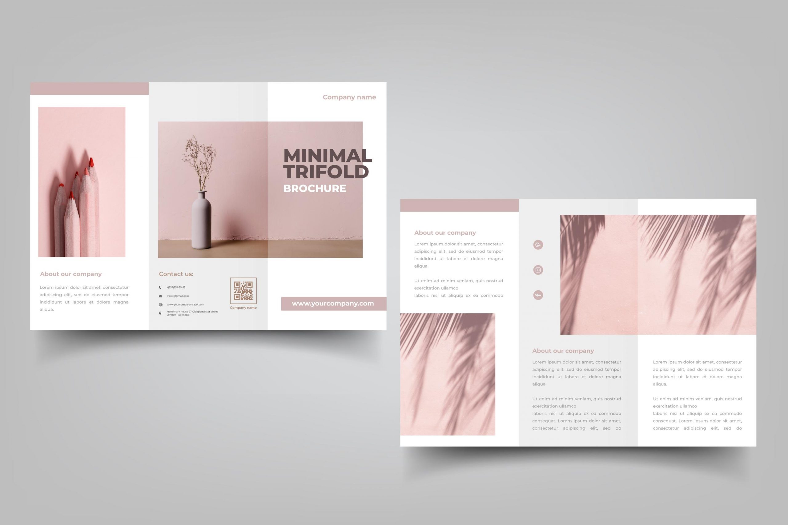 Diseño de tríptico minimalista en tonos rosados y blancos con información corporativa, elaborado por Gabella Artes Gráficas en Norte, Sevilla, ideal para empresas que buscan una imagen moderna y profesional.
