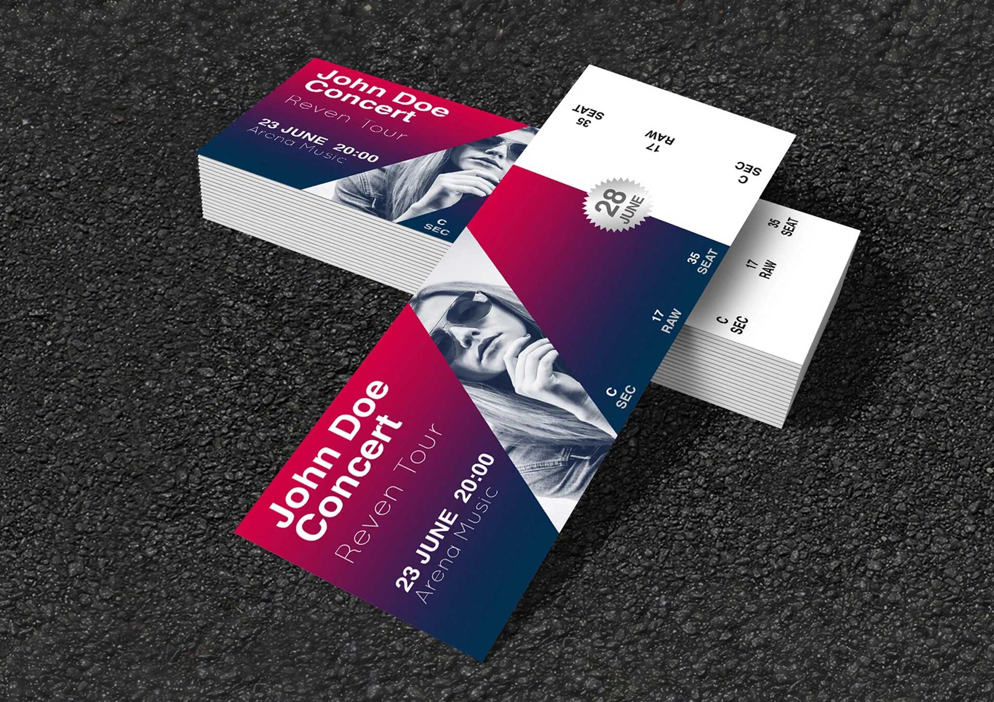 Entradas a todo color para el concierto "John Doe Concert - Reven Tour", impresas por Gabella Artes Gráficas en Norte, Sevilla, ideales para espectáculos, festivales y eventos musicales.