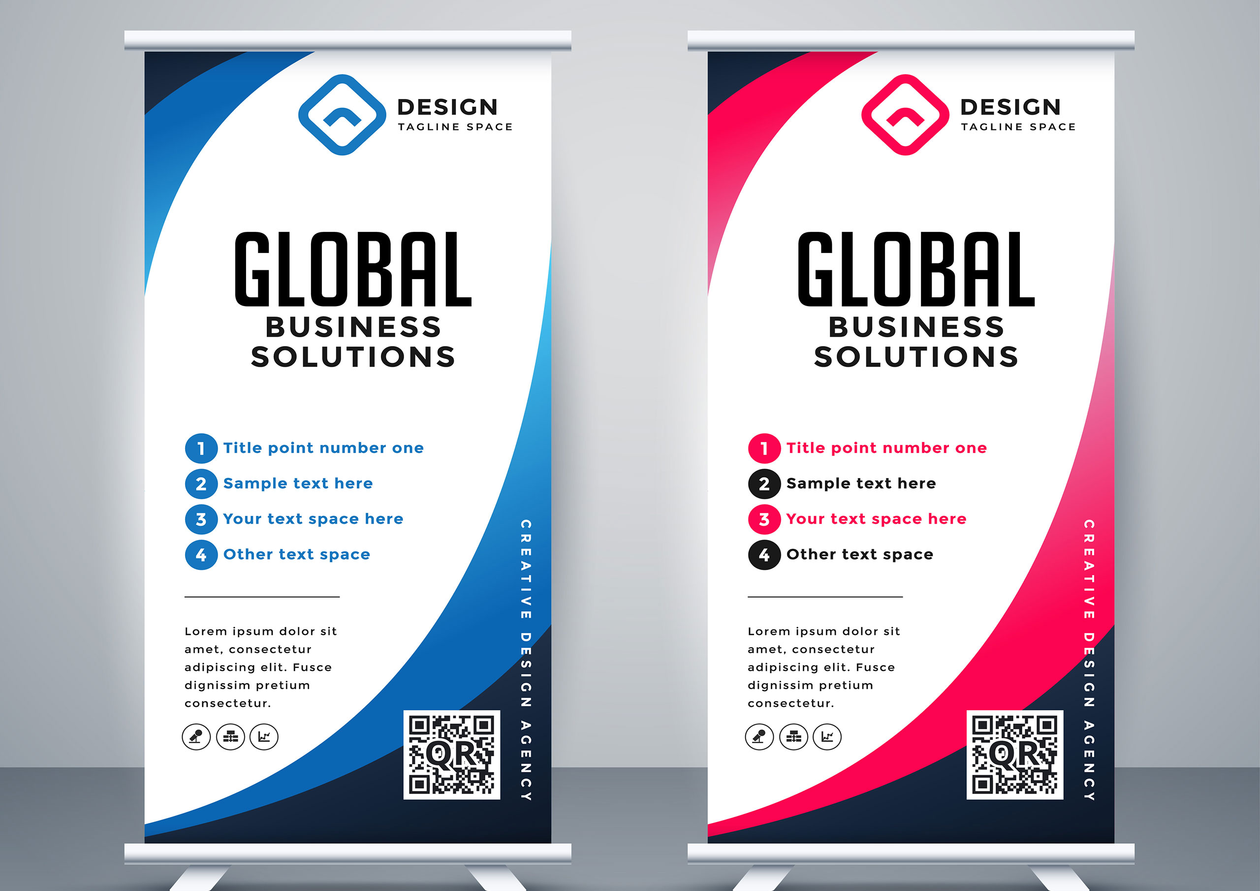 Dos roll ups verticales con diseño profesional en azul y rosa para soluciones empresariales globales, impresos por Gabella Artes Gráficas en Norte, Sevilla, ideales para ferias y eventos corporativos.